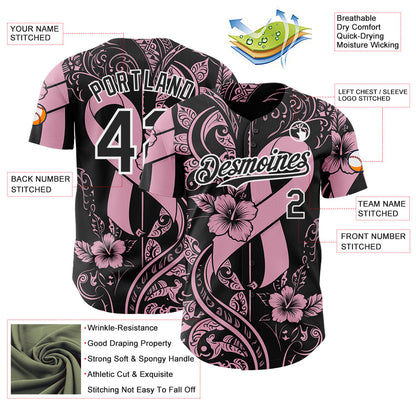 Custom Black Light Pink-White Breast Cancer Awareness Pink Ribbon Floral Authentic Baseball Jersey