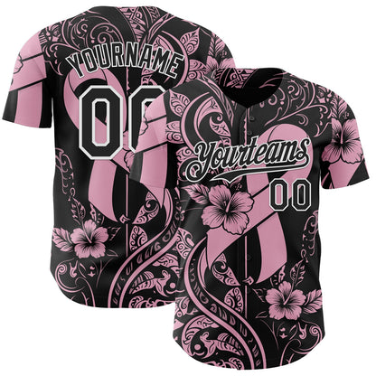 Custom Black Light Pink-White Breast Cancer Awareness Pink Ribbon Floral Authentic Baseball Jersey