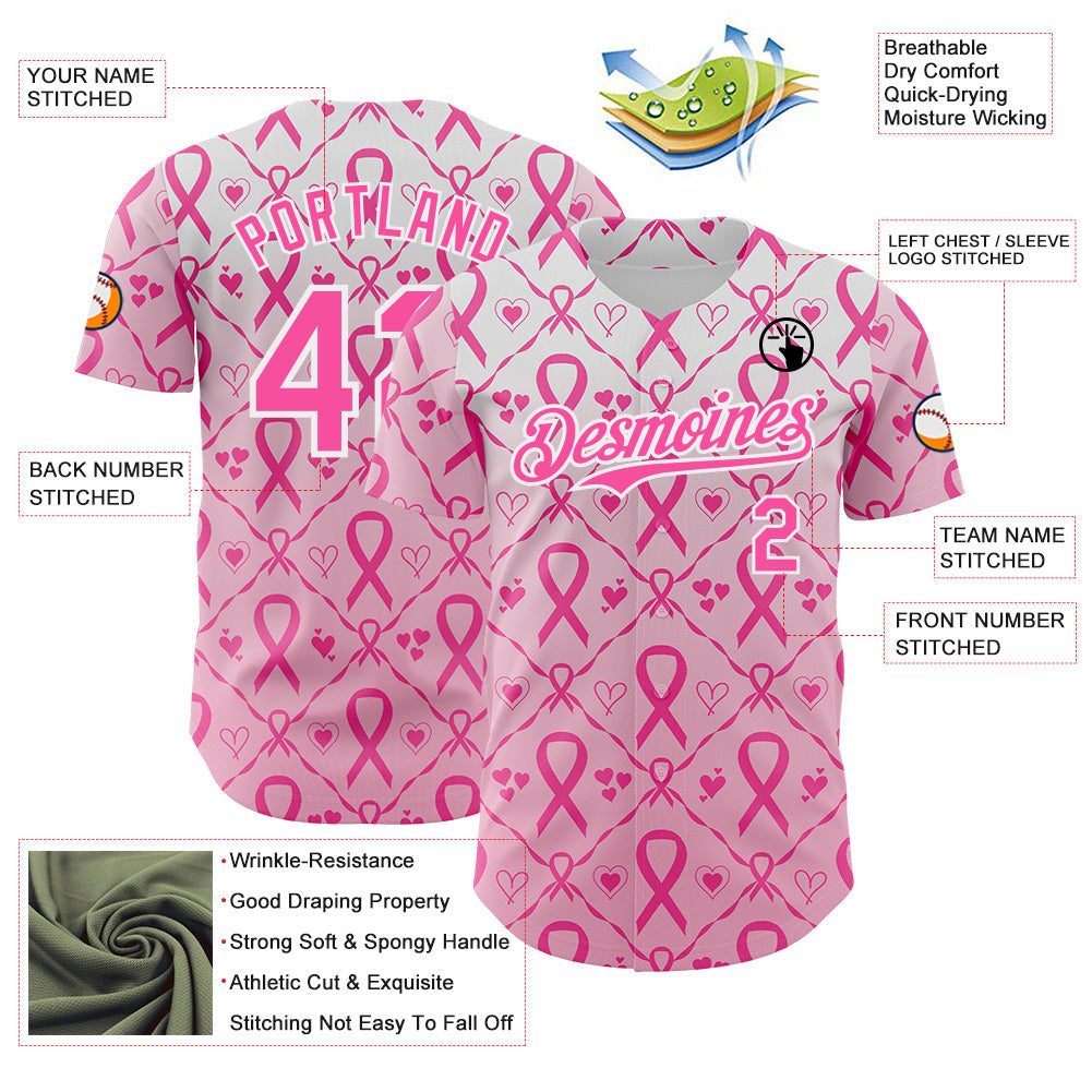 Custom White-Pink Breast Cancer Awareness Support Pink Ribbon Authentic Baseball Jersey