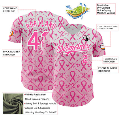 Custom White-Pink Breast Cancer Awareness Support Pink Ribbon Authentic Baseball Jersey
