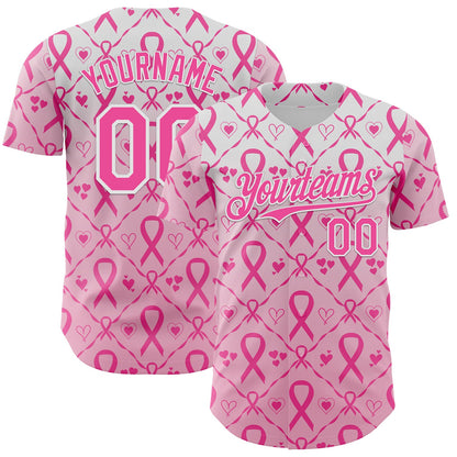 Custom White-Pink Breast Cancer Awareness Support Pink Ribbon Authentic Baseball Jersey