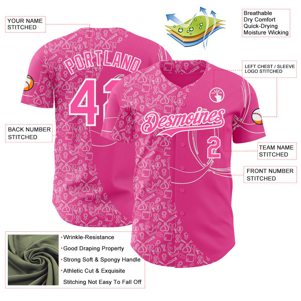 Custom Pink-White Breast Cancer Awareness Support Pink Ribbon Authentic Baseball Jersey