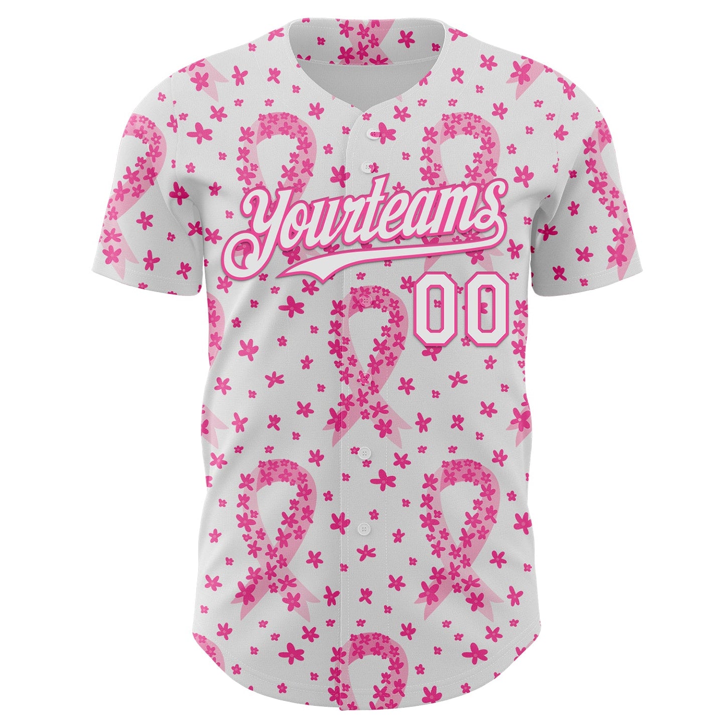 Custom White-Pink Breast Cancer Awareness Pink Ribbon Floral Authentic Baseball Jersey
