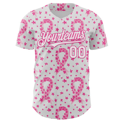 Custom White-Pink Breast Cancer Awareness Pink Ribbon Floral Authentic Baseball Jersey