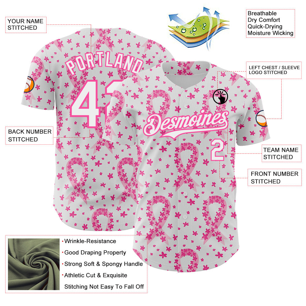 Custom White-Pink Breast Cancer Awareness Pink Ribbon Floral Authentic Baseball Jersey
