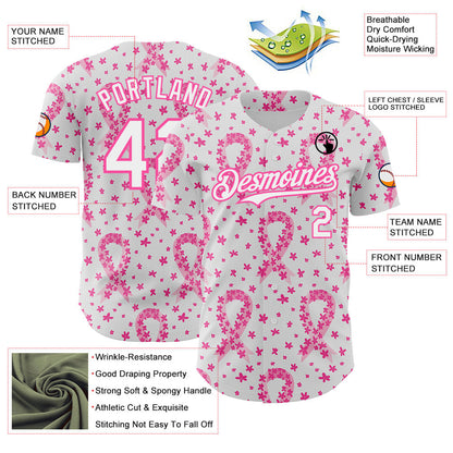 Custom White-Pink Breast Cancer Awareness Pink Ribbon Floral Authentic Baseball Jersey