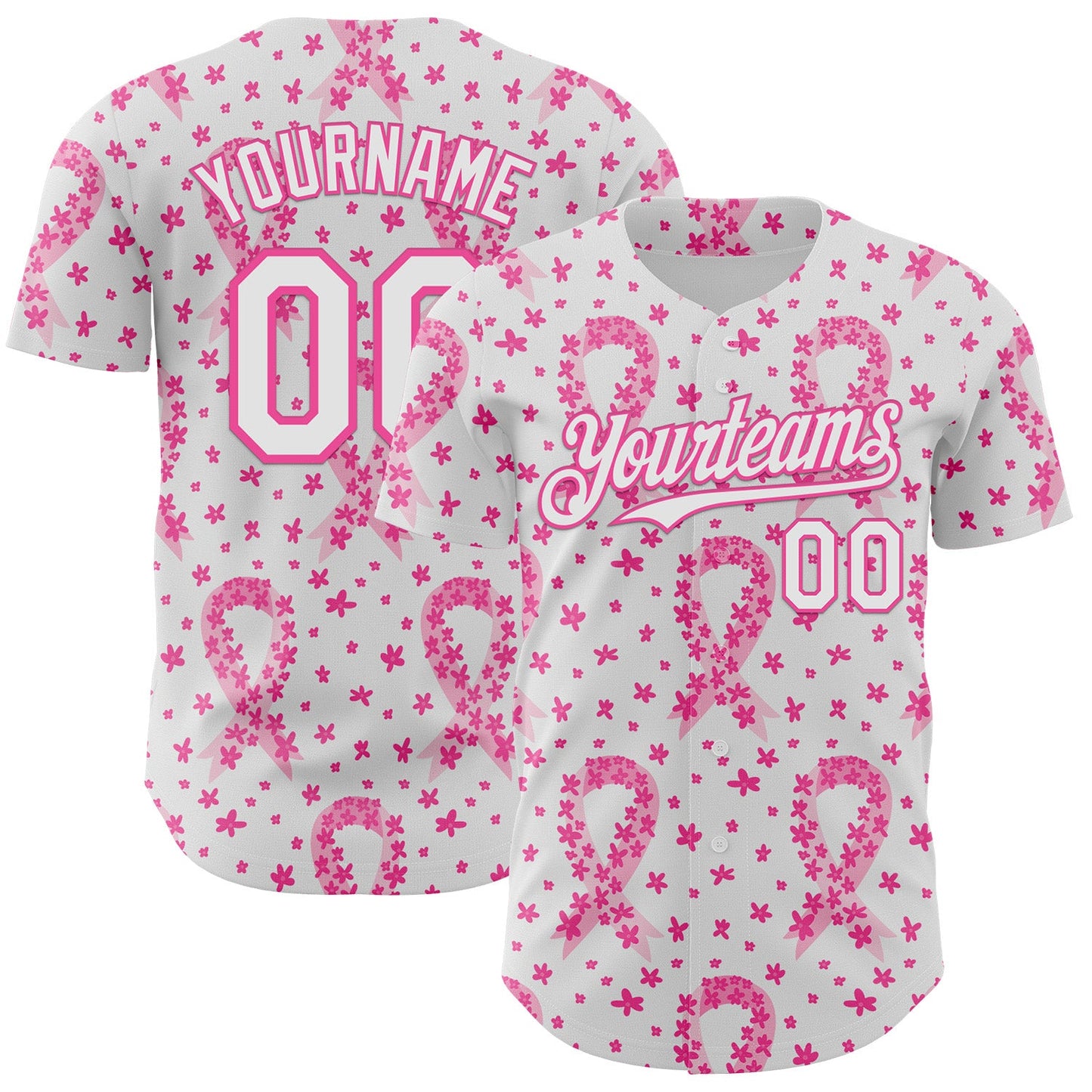 Custom White-Pink Breast Cancer Awareness Pink Ribbon Floral Authentic Baseball Jersey
