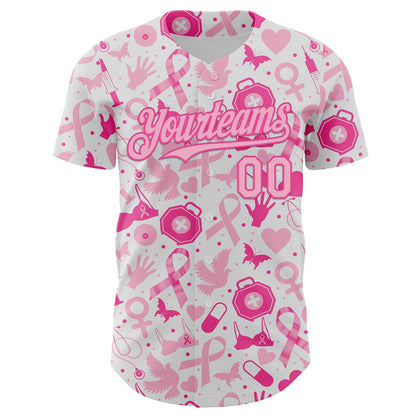 Custom White Light Pink-Pink Breast Cancer Awareness Support Pink Ribbon Authentic Baseball Jersey