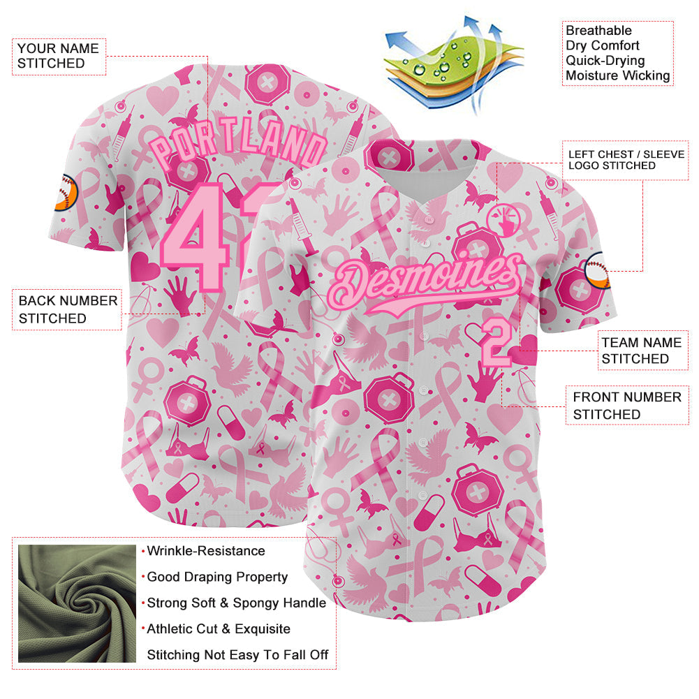 Custom White Light Pink-Pink Breast Cancer Awareness Support Pink Ribbon Authentic Baseball Jersey
