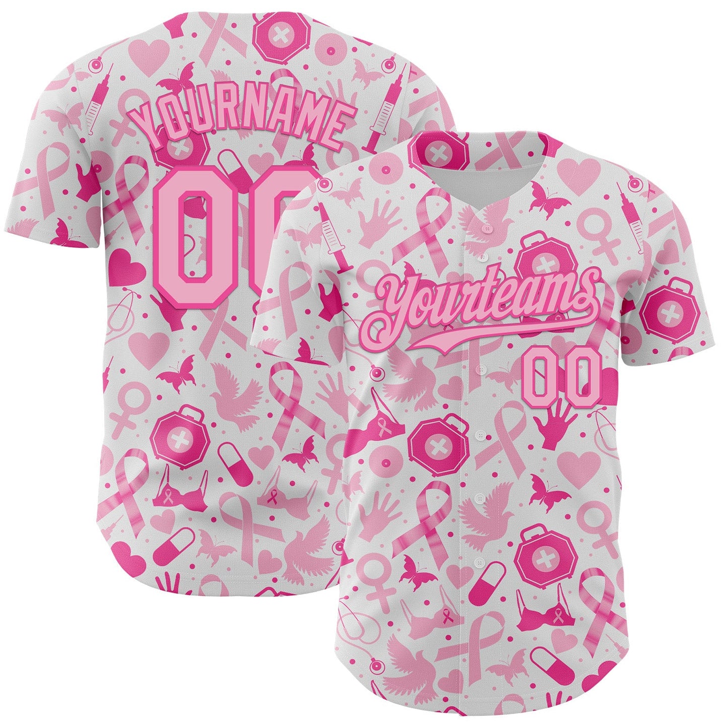 Custom White Light Pink-Pink Breast Cancer Awareness Support Pink Ribbon Authentic Baseball Jersey