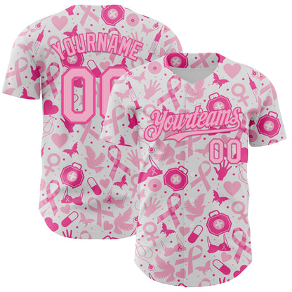 Custom White Light Pink-Pink Breast Cancer Awareness Support Pink Ribbon Authentic Baseball Jersey