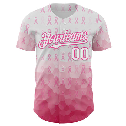 Custom White-Pink Breast Cancer Awareness Pink Ribbon Gradient Authentic Baseball Jersey
