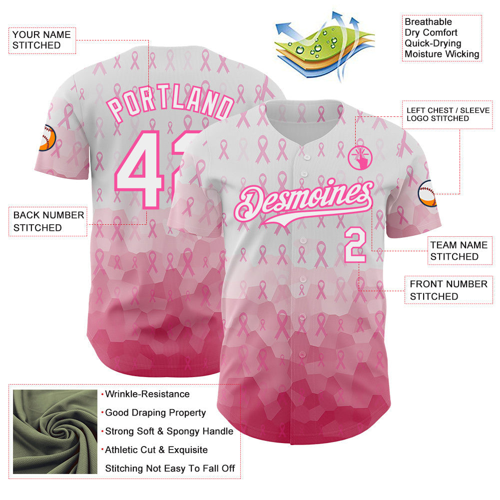 Custom White-Pink Breast Cancer Awareness Pink Ribbon Gradient Authentic Baseball Jersey