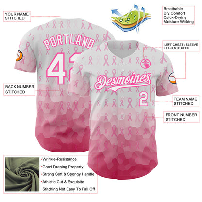 Custom White-Pink Breast Cancer Awareness Pink Ribbon Gradient Authentic Baseball Jersey