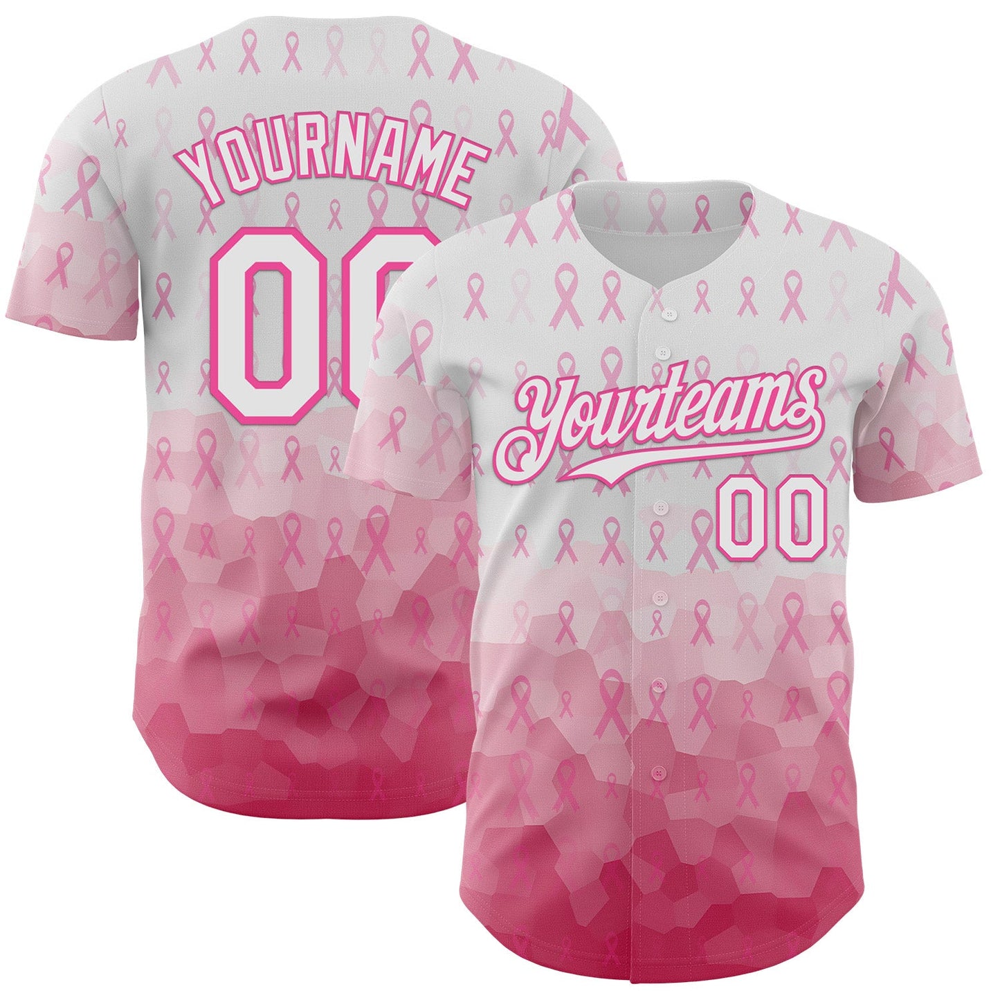 Custom White-Pink Breast Cancer Awareness Pink Ribbon Gradient Authentic Baseball Jersey