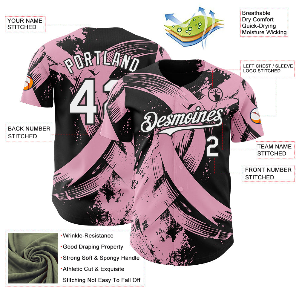 Custom Black White-Light Pink Breast Cancer Awareness Fight Pink Ribbon Authentic Baseball Jersey