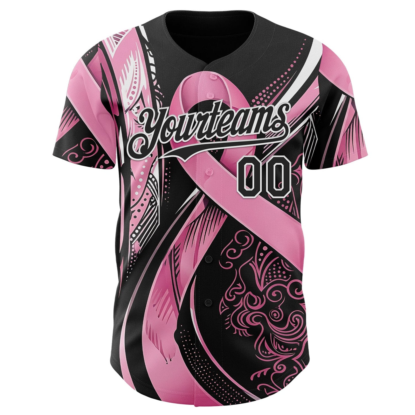 Custom Black Pink-White Breast Cancer Awareness Fight Pink Ribbon Authentic Baseball Jersey