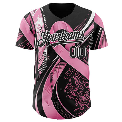 Custom Black Pink-White Breast Cancer Awareness Fight Pink Ribbon Authentic Baseball Jersey