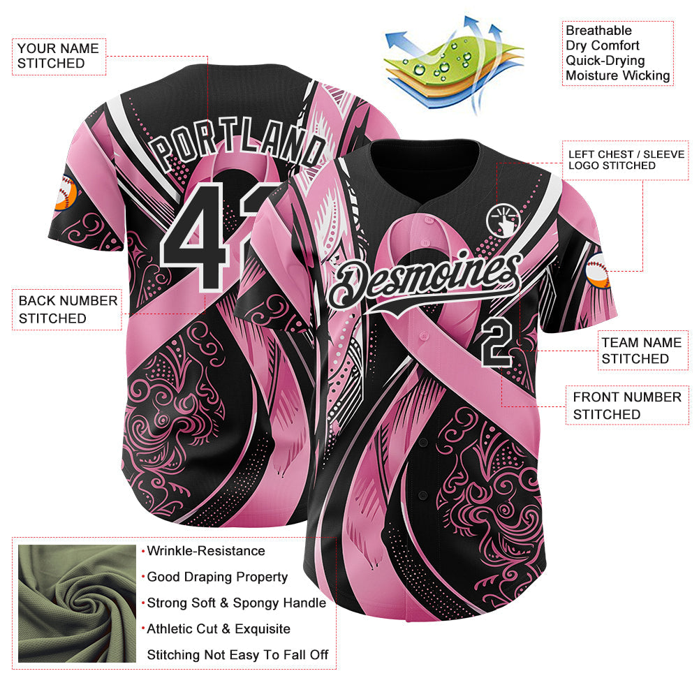 Custom Black Pink-White Breast Cancer Awareness Fight Pink Ribbon Authentic Baseball Jersey