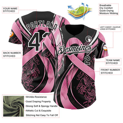 Custom Black Pink-White Breast Cancer Awareness Fight Pink Ribbon Authentic Baseball Jersey