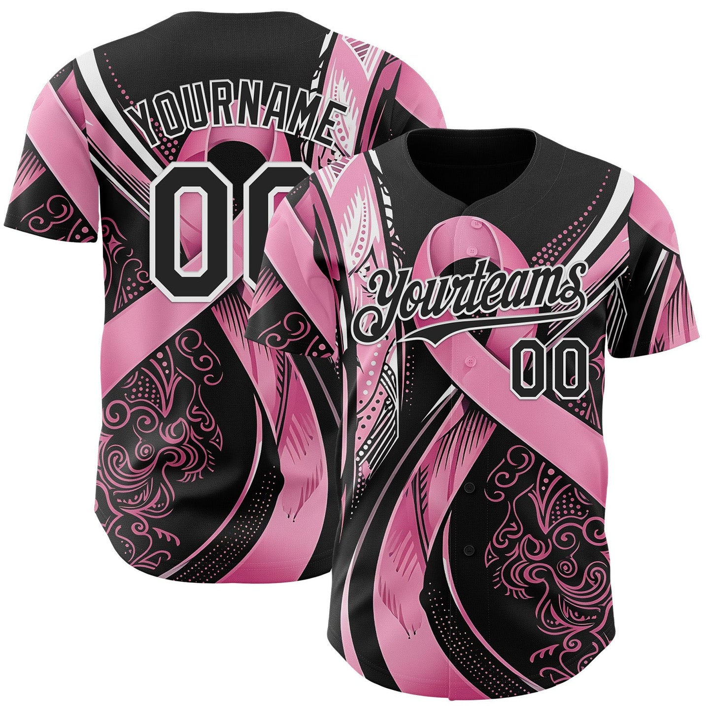 Custom Black Pink-White Breast Cancer Awareness Fight Pink Ribbon Authentic Baseball Jersey