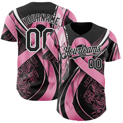Custom Black Pink-White Breast Cancer Awareness Fight Pink Ribbon Authentic Baseball Jersey