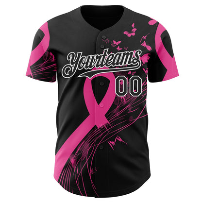 Custom Black Pink-White Breast Cancer Awareness Fight Pink Ribbon Butterfly Authentic Baseball Jersey
