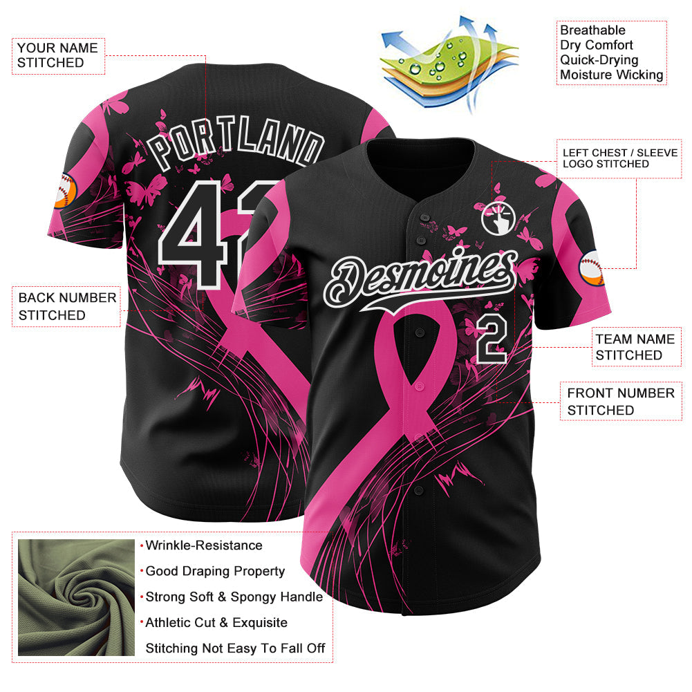 Custom Black Pink-White Breast Cancer Awareness Fight Pink Ribbon Butterfly Authentic Baseball Jersey