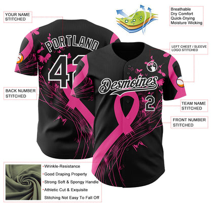 Custom Black Pink-White Breast Cancer Awareness Fight Pink Ribbon Butterfly Authentic Baseball Jersey