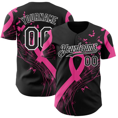 Custom Black Pink-White Breast Cancer Awareness Fight Pink Ribbon Butterfly Authentic Baseball Jersey