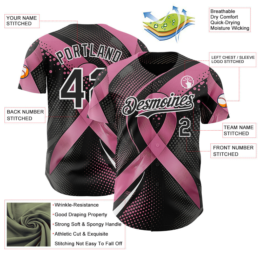 Custom Black Pink-White Breast Cancer Awareness Pink Ribbon Gradient Dot Authentic Baseball Jersey