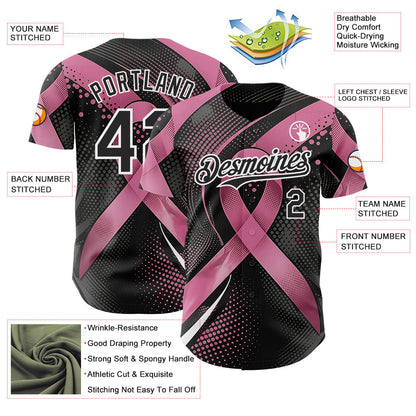 Custom Black Pink-White Breast Cancer Awareness Pink Ribbon Gradient Dot Authentic Baseball Jersey