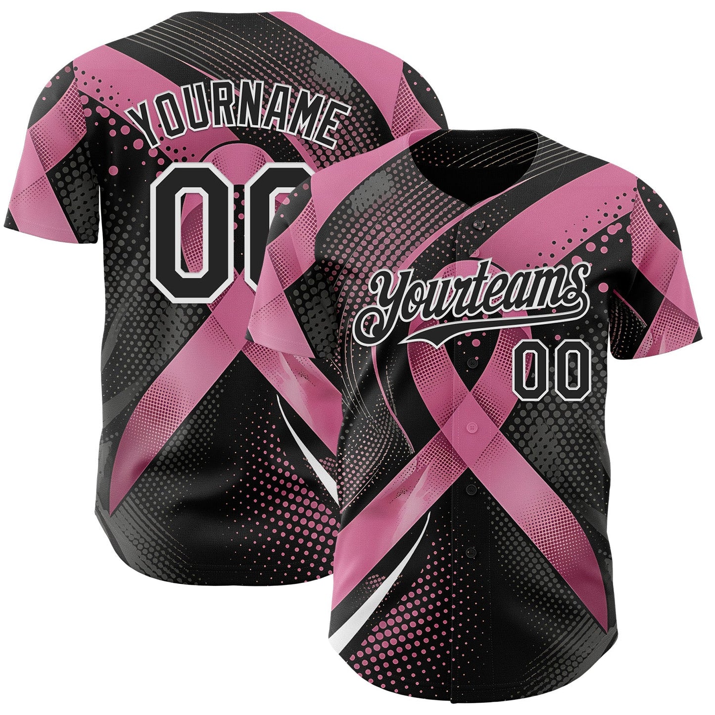 Custom Black Pink-White Breast Cancer Awareness Pink Ribbon Gradient Dot Authentic Baseball Jersey