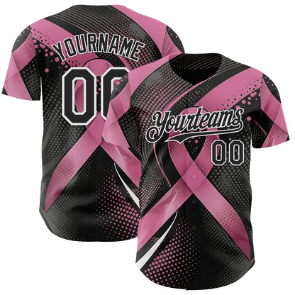 Custom Black Pink-White Breast Cancer Awareness Pink Ribbon Gradient Dot Authentic Baseball Jersey