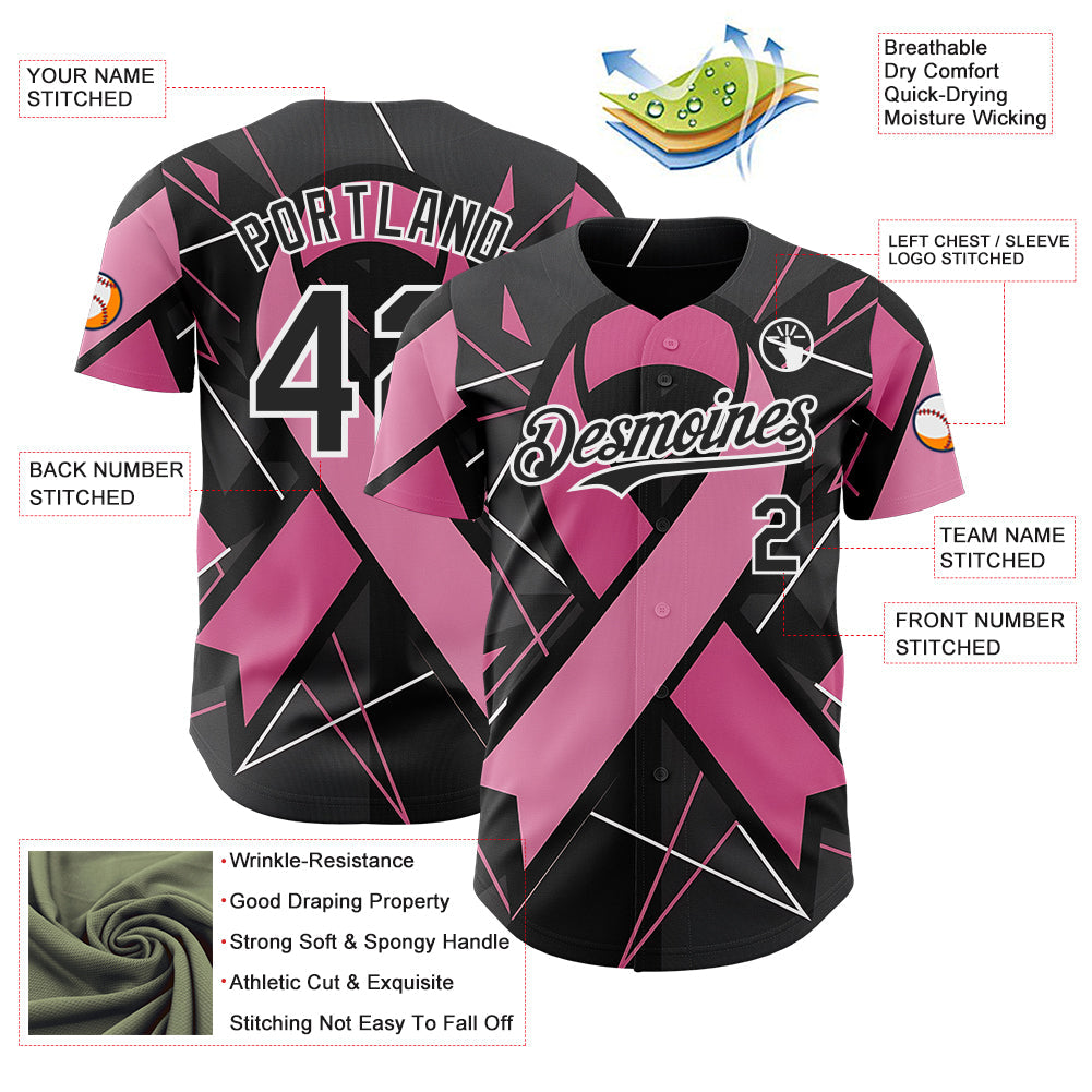 Custom Black Pink-White Breast Cancer Awareness Fight Pink Ribbon Authentic Baseball Jersey