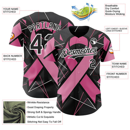 Custom Black Pink-White Breast Cancer Awareness Fight Pink Ribbon Authentic Baseball Jersey