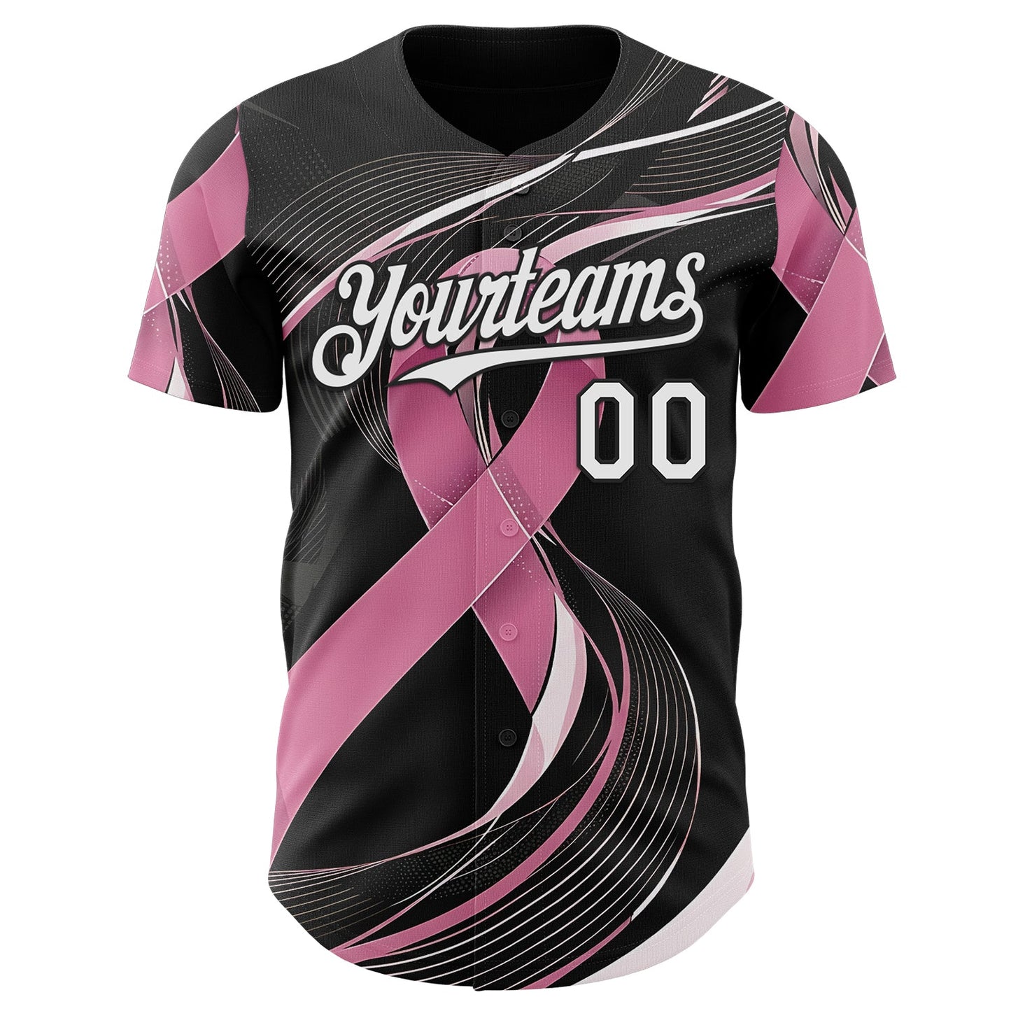 Custom Black White-Pink Breast Cancer Awareness Fight Pink Ribbon Wave Authentic Baseball Jersey