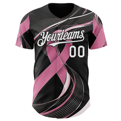 Custom Black White-Pink Breast Cancer Awareness Fight Pink Ribbon Wave Authentic Baseball Jersey