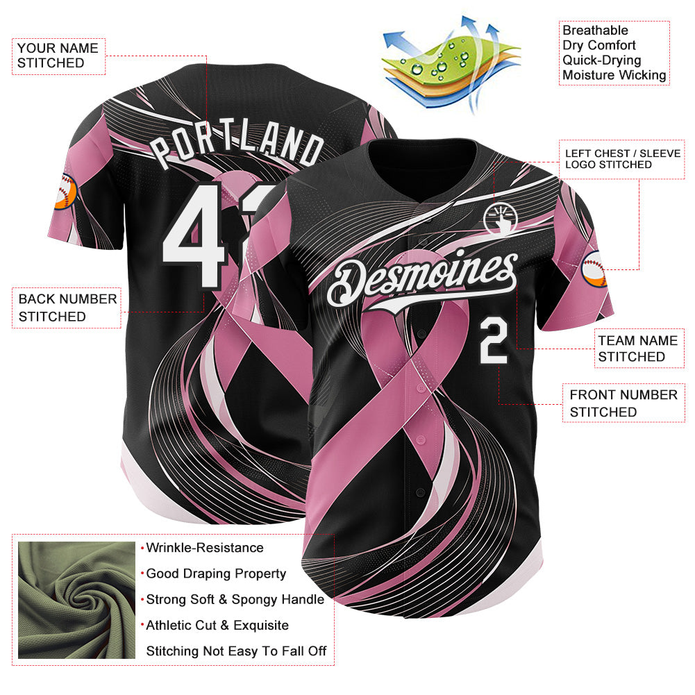 Custom Black White-Pink Breast Cancer Awareness Fight Pink Ribbon Wave Authentic Baseball Jersey
