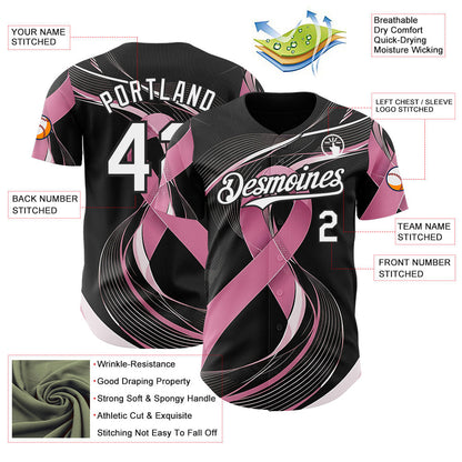 Custom Black White-Pink Breast Cancer Awareness Fight Pink Ribbon Wave Authentic Baseball Jersey