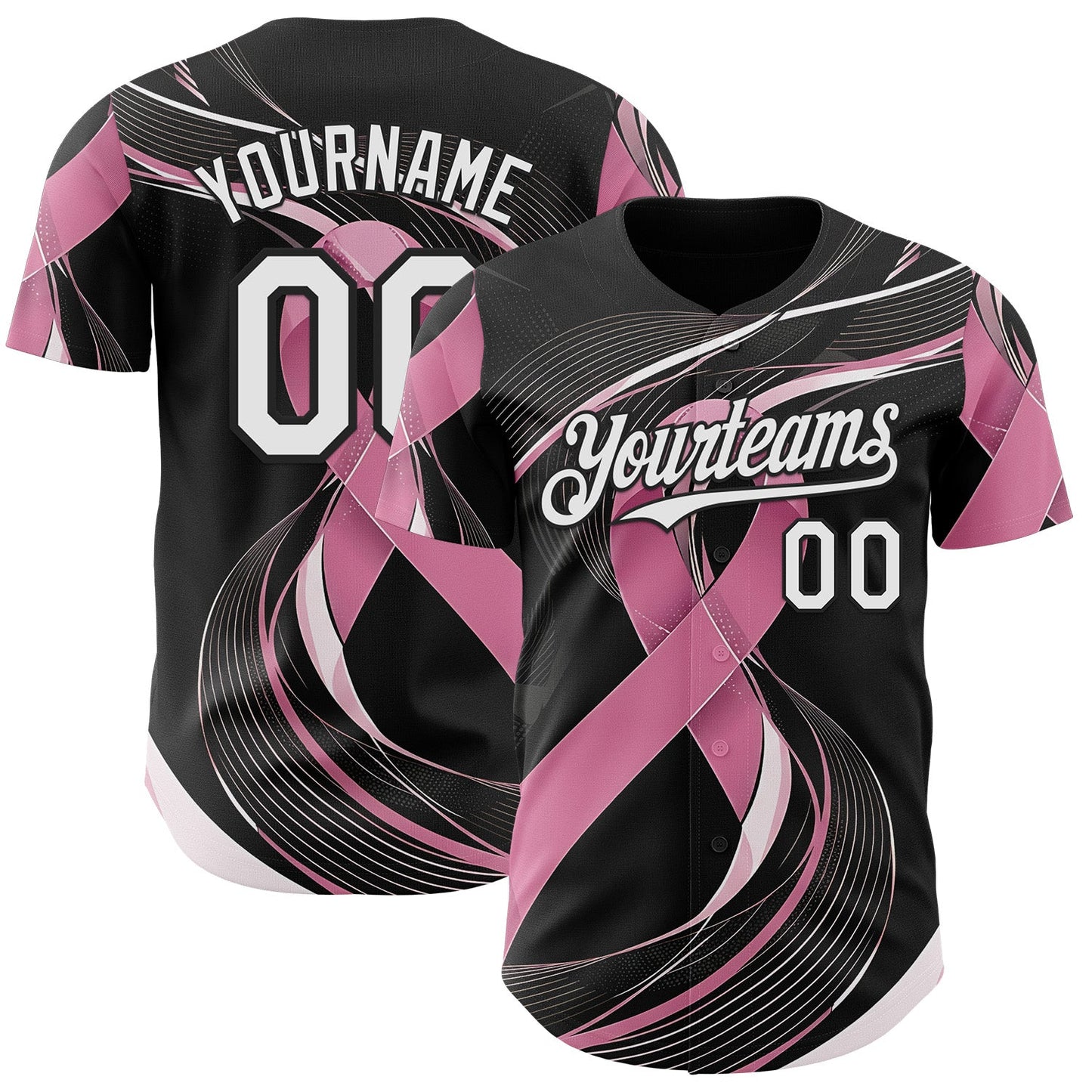 Custom Black White-Pink Breast Cancer Awareness Fight Pink Ribbon Wave Authentic Baseball Jersey