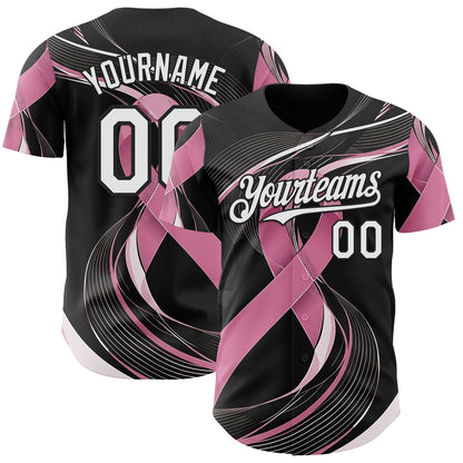 Custom Black White-Pink Breast Cancer Awareness Fight Pink Ribbon Wave Authentic Baseball Jersey