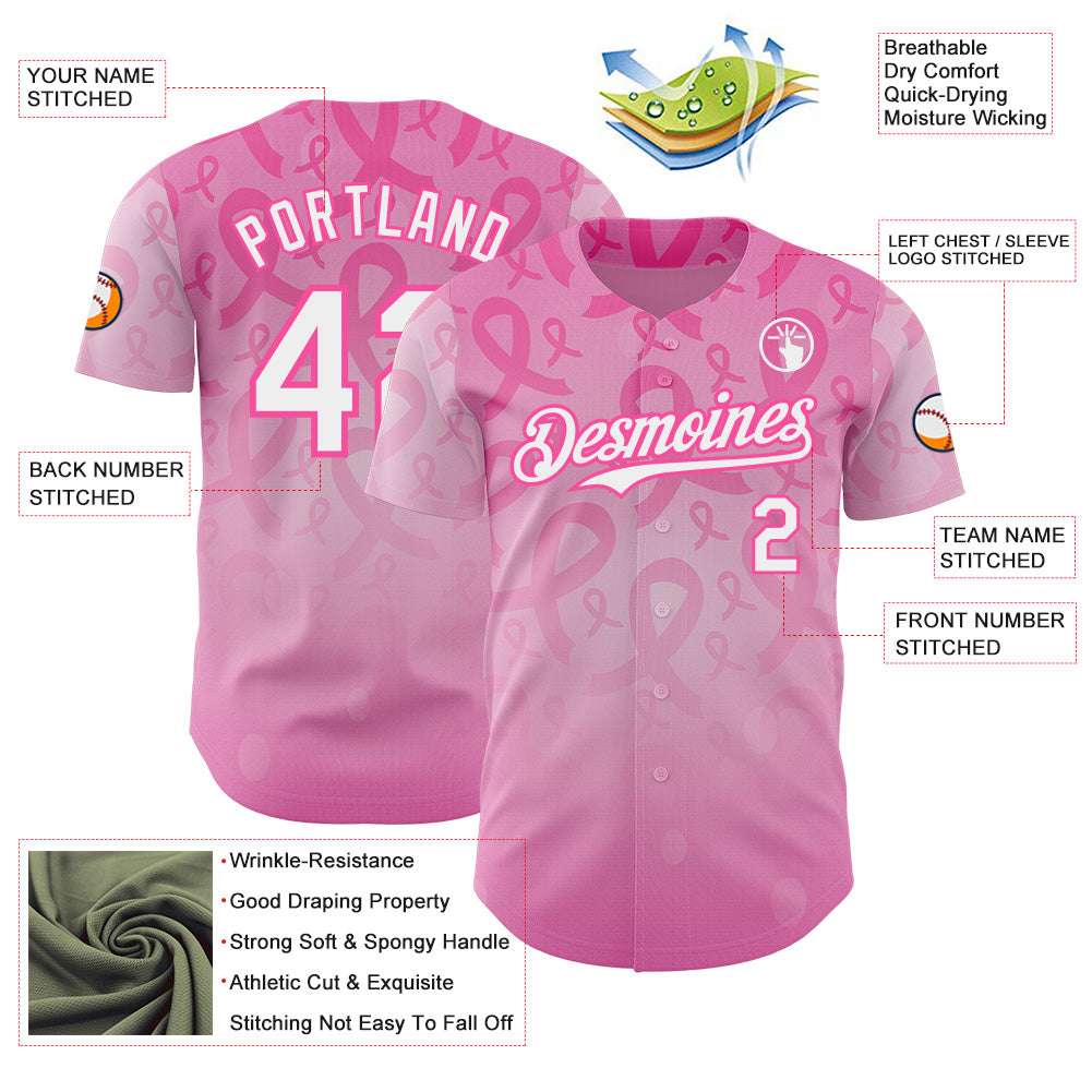 Custom Pink-White Breast Cancer Awareness Pink Ribbon Support Authentic Baseball Jersey
