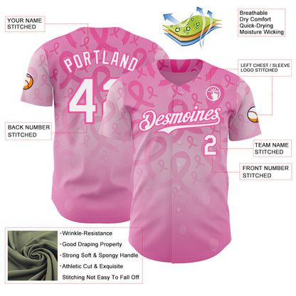 Custom Pink-White Breast Cancer Awareness Pink Ribbon Support Authentic Baseball Jersey