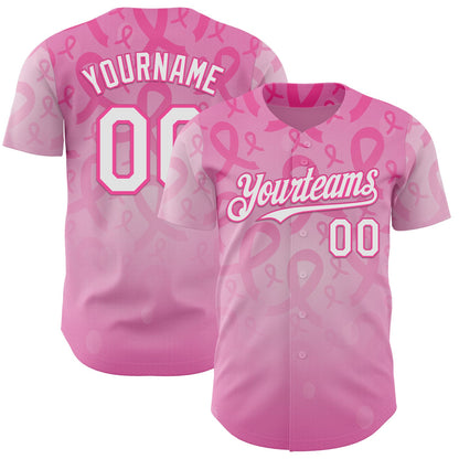 Custom Pink-White Breast Cancer Awareness Pink Ribbon Support Authentic Baseball Jersey