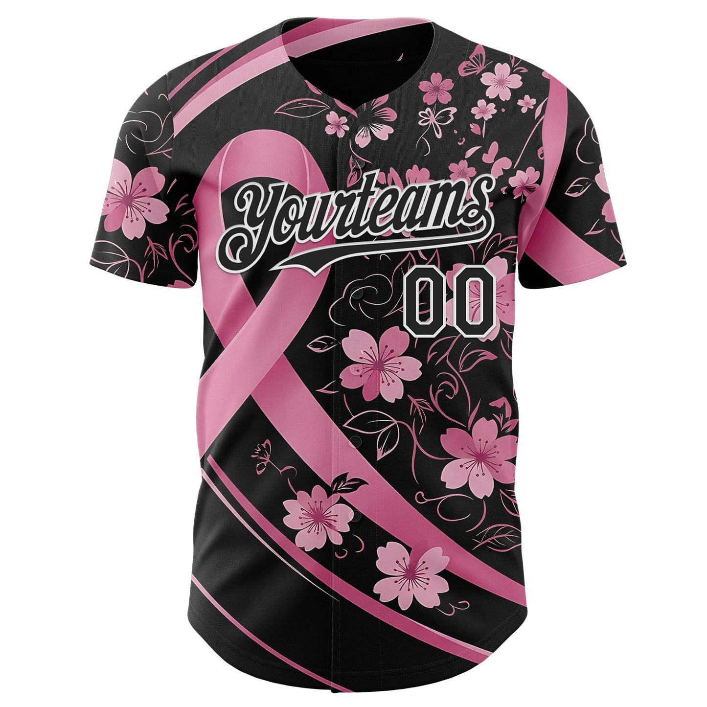 Custom Black Pink-White Breast Cancer Awareness Pink Ribbon Floral Authentic Baseball Jersey