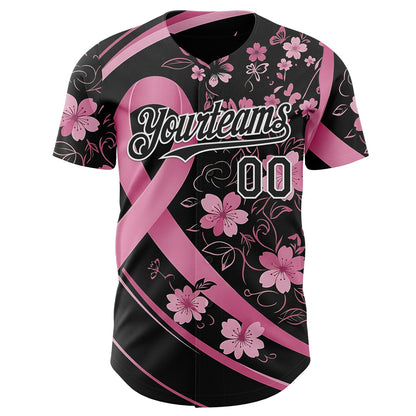 Custom Black Pink-White Breast Cancer Awareness Pink Ribbon Floral Authentic Baseball Jersey