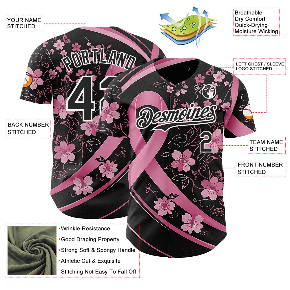 Custom Black Pink-White Breast Cancer Awareness Pink Ribbon Floral Authentic Baseball Jersey
