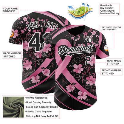 Custom Black Pink-White Breast Cancer Awareness Pink Ribbon Floral Authentic Baseball Jersey