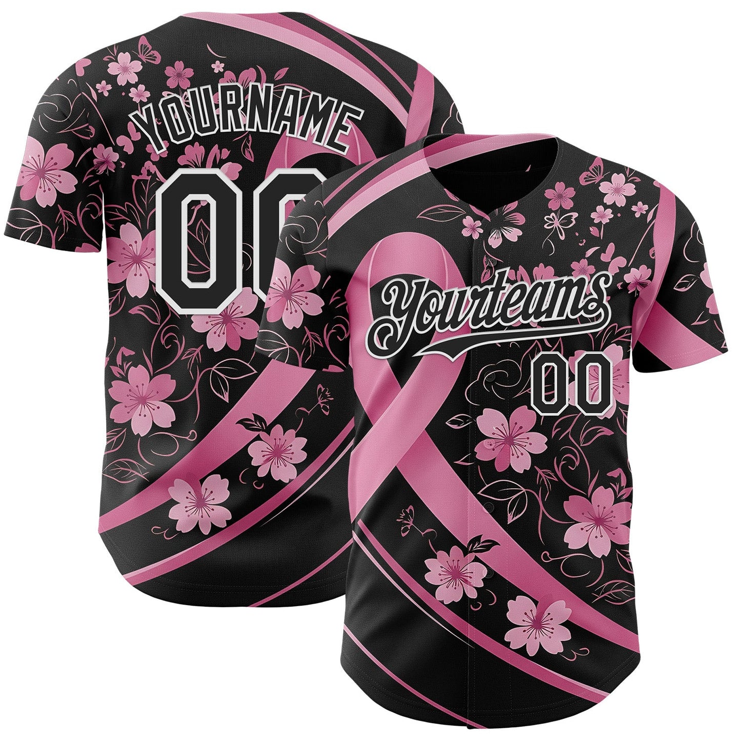 Custom Black Pink-White Breast Cancer Awareness Pink Ribbon Floral Authentic Baseball Jersey